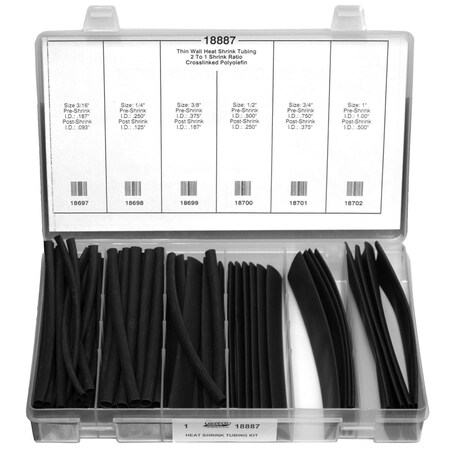 Auveco Heat Shrink Tube Kit, Thin Wall, 2:1 I.D. Shrink Ratio, Black, 6 in 18887